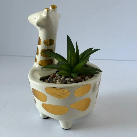 Gold Spotted Ivory Ceramic Giraffe Faux Succulent Planter Decor - Picture 2 of 8